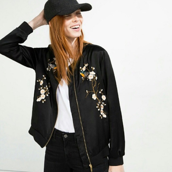 Zara | Floral Embroidered Satin Bomber Jacket - Picture 3 of 13